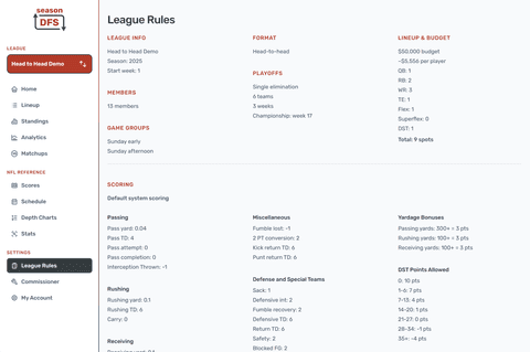 League Rules in the Season DFS desktop fantasy football experience