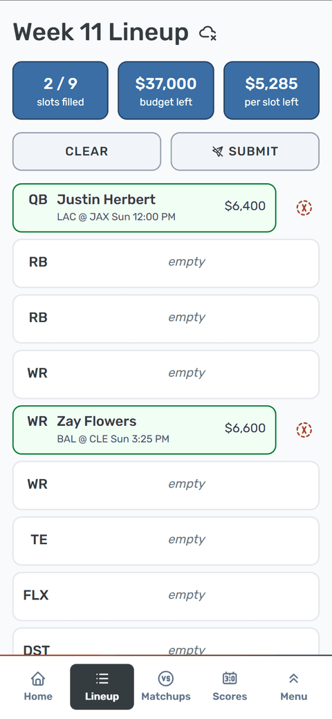 Season DFS mobile weekly lineup builder showing lineup slots and remaining salary budget