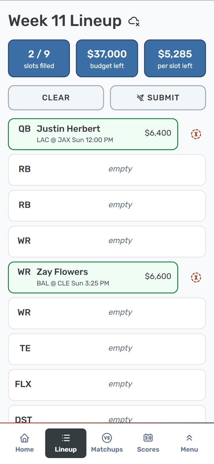 Season DFS mobile weekly fantasy football lineup builder showing roster slots and salary budget