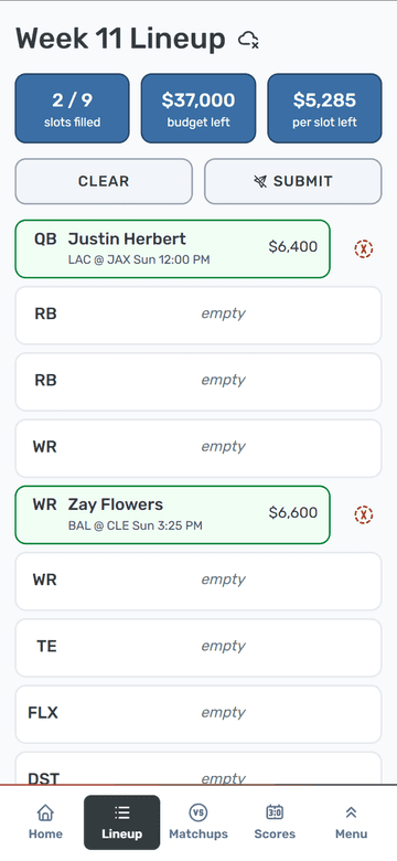Season DFS mobile weekly fantasy football lineup builder showing roster slots and salary budget