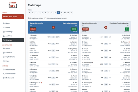 Head To Head Matchup Details in the Season DFS desktop fantasy football experience