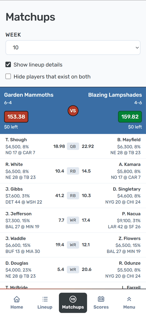 Season DFS mobile head-to-head matchup showing both teams' completed lineups and scores