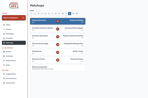 Head To Head Weekly Matchups in the Season DFS desktop fantasy football experience