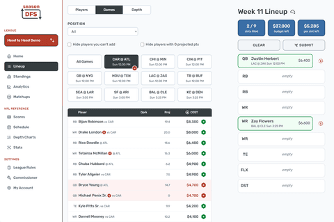 Lineup Game Filter in the Season DFS desktop fantasy football experience