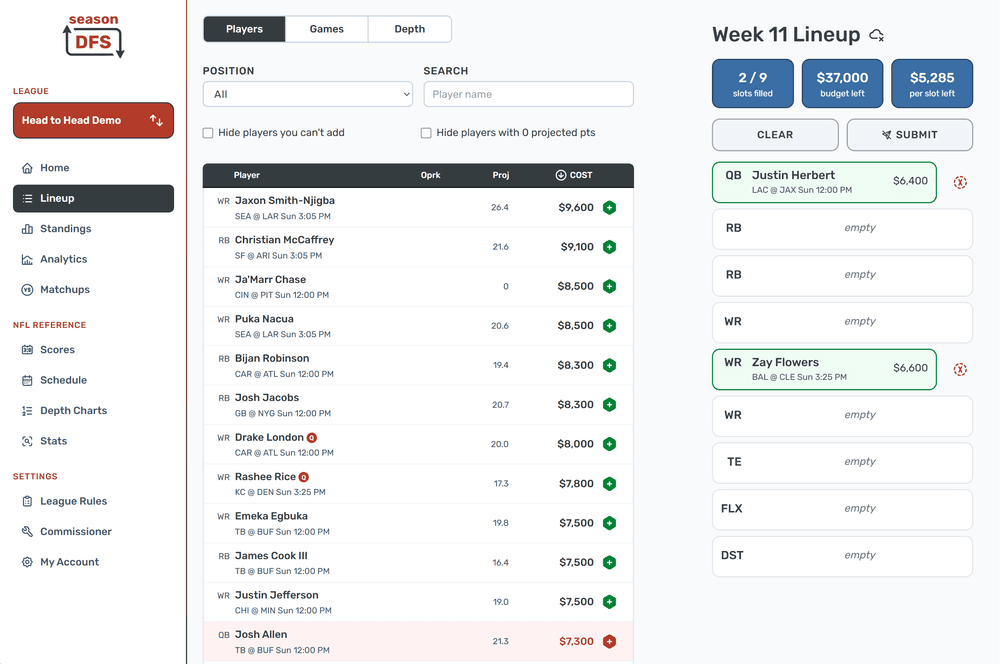 Season DFS weekly lineup builder showing available players, salaries, projections, and lineup slots