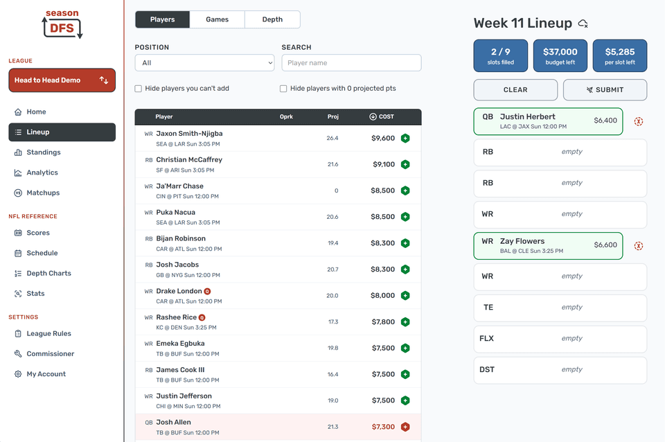 Season DFS lineup player picker with player projections and salaries