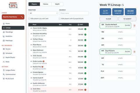 Lineup Player Picker in the Season DFS desktop fantasy football experience