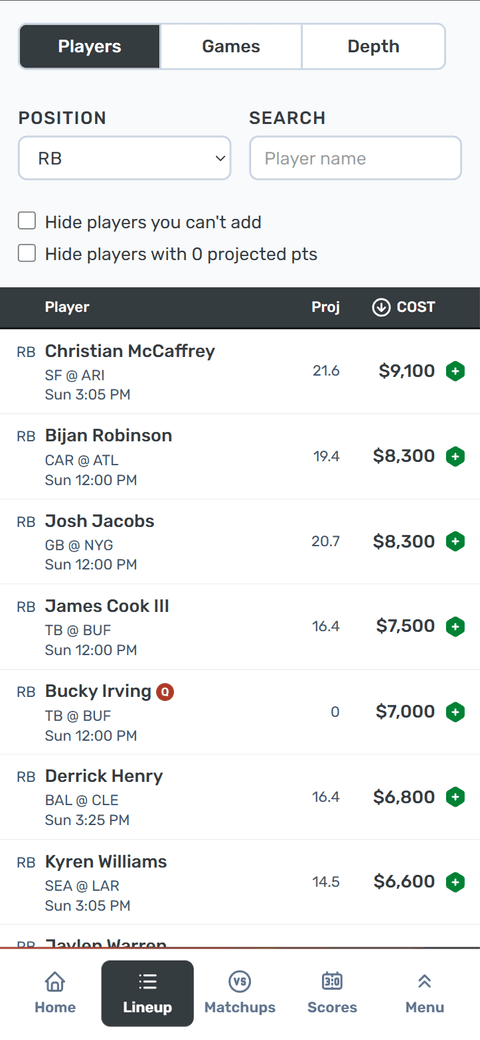 Season DFS mobile player picker showing projections, salaries, and lineup controls