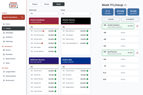 Lineup Position Depth Chart Picker in the Season DFS desktop fantasy football experience