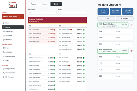 Lineup Team Depth Chart Picker in the Season DFS desktop fantasy football experience