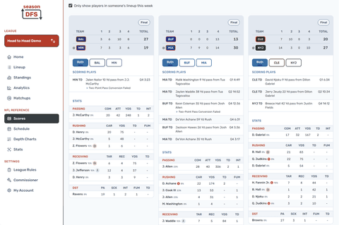 Live NFL Game Stats And Scoring Plays in the Season DFS desktop fantasy football experience