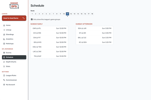 NFL Weekly Schedule in the Season DFS desktop fantasy football experience