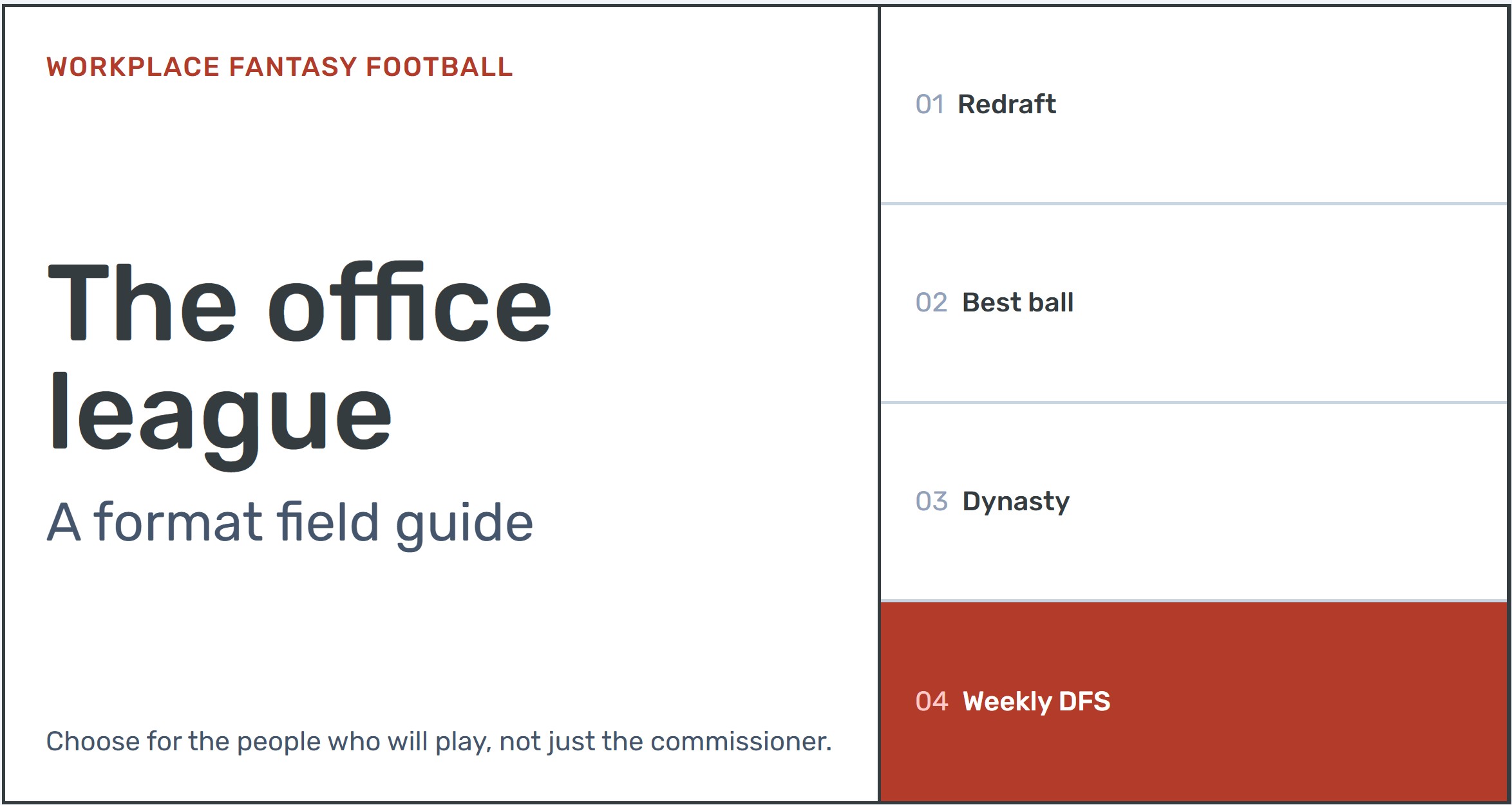 Office fantasy football league field guide comparing redraft, best ball, dynasty, and weekly DFS formats