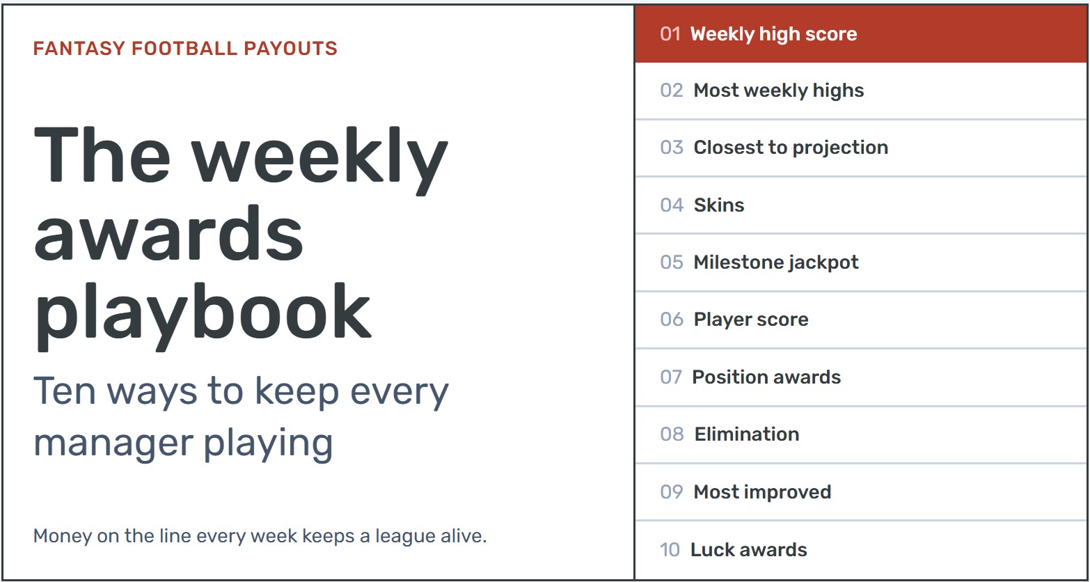 Ten weekly fantasy football payout ideas, from weekly high scores to milestone jackpots, in a playbook layout